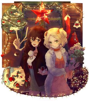 10s 2girls :d \||/ alternate_costume alternate_hairstyle antenna_hair bag bell bianca_(pokemon) blonde_hair blue_eyes blue_ribbon bow box braid breasts brick brown_hair cable choker christmas christmas_ornaments cleavage closed_mouth coat cottonee daisy_(flower) dress emje_(uncover) flower fur_coat gen_5_pokemon gift gift_box glass green_eyes hair_between_eyes hair_over_shoulder hair_ribbon hilda_(pokemon) holding holding_flower holly indoors jacket lamp long_hair looking_at_viewer miniskirt mistletoe multiple_girls nintendo open_mouth orange_bow orange_dress orange_ribbon poke_ball poke_ball_(basic) pokemon pokemon_(creature) pokemon_bw pom_pom_(clothes) ribbon rudolph_the_red_nosed_reindeer sawsbuck sawsbuck_(winter) skirt small_breasts smile socks star_(symbol) swept_bangs teeth two_side_up very_long_hair window winter wood