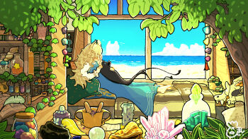 ._. 1girl absurdly_detailed_composition absurdres animal_ears barefoot bed blonde_hair blue_dress blue_sky blush_stickers bottle branch candle cat closed_mouth commentary_request commission creature crystal curly_hair day dress fantasy from_side full_body glass_jar highres horizon indoors loaded_interior long_hair long_sleeves looking_at_animal lying multiple_tails niwa_matthew ocean original pinafore_dress plant profile quill shirt signature skeb_commission sky sleeveless sleeveless_dress smile solo tail vines white_shirt window