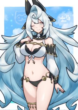 1girl bare_shoulders black_bow bow breasts commission detached_sleeves dragalia_lost gabriel_(dragalia_lost) hair_bow hand_on_own_chest highres large_breasts long_hair multicolored_eyes navel one_eye_closed rotomdocs signature smile swimsuit very_long_hair white_hair
