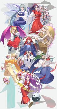 1boy 6+girls absurdres angel_wings animal_print ascot barefoot bat_wings black_hair black_shoes black_vest blonde_hair blood blood_on_face bloody_knife blue_dress blue_eyes blue_hat blue_sailor_collar blue_skirt bow bowtie brown_sandals butterfly_print commentary_request cup dress electricity elis_(touhou) eyeball facial_mark fangs flip-flops floral_print flower frilled_ascot frilled_dress frilled_skirt frills full_body genderswap genderswap_(otf) ghost_tail gohei green_hair grey_hair grid grid_background guumin hair_bow hair_ornament hakama hakurei_reimu hakurei_reimu_(pc-98) halo hat headband headdress high_ponytail highly_responsive_to_prayers highres holding holding_cup holding_knife holding_orb holding_wand holding_weapon horns japanese_clothes jewelry juliet_sleeves kariginu kikuri_(touhou) kimono knife konngara_(touhou) long_hair long_skirt long_sleeves looking_afar looking_up mima_(touhou) multiple_girls neckerchief necktie ofuda oonusa open_mouth orb pants pointy_ears ponytail puffy_sleeves purple_eyes purple_hair purple_wings red_bow red_bowtie red_eyes red_hair red_neckerchief red_pants red_skirt red_vest ribbon sailor_collar sailor_dress sailor_shirt sakazuki sandals sariel_(touhou) school_uniform sharp_teeth shingyoku_(female) shingyoku_(male) shingyoku_(touhou) shirt shoes short_hair short_sleeves single_horn sitting skirt skirt_set socks star_(symbol) star_wand sword tate_eboshi teeth thick_eyebrows torn_clothes touhou touhou_(pc-98) translation_request very_long_hair vest wand warped weapon white_hat white_kimono white_shirt white_shoes white_socks white_wings wide_sleeves wings yellow_dress yellow_kimono yellow_necktie yin_yang yin_yang_orb yuugenmagan