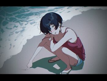 1girl absurdres beach black_hair blue_shorts blush breasts brown_eyes camisole chang_chin-lan cleavage commentary earrings film_grain flip-flops full_burrrrrrst highres jewelry kamiina_botan_yoeru_sugata_wa_yuri_no_hana letterboxed looking_at_viewer medium_breasts open_mouth red_camisole sandals shadow short_hair shorts smile solo squatting water