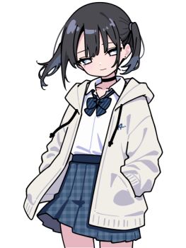 1girl ameniwa black_choker black_hair blue_skirt choker drawstring expressionless half-closed_eyes hand_in_pocket heads-up_display hood hooded_jacket jacket long_sleeves open_clothes open_jacket original plaid_clothes plaid_skirt pleated_skirt simple_background skirt solo standing transparent_background twintails user_interface