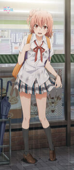 1girl absurdres artist_request backpack bag bra_visible_through_clothes bracelet brown_shoes copyright_name full_body hair_bun highres jewelry kneehighs light_blush loafers looking_at_viewer miniskirt neck_ribbon official_art open_mouth pink_eyes pink_hair plaid_clothes plaid_skirt pleated_skirt rain ribbon school_uniform see-through_clothes see-through_shirt shirt shoes short_sleeves skirt smile sobu_high_school_uniform socks solo umbrella wet wet_clothes white_shirt yahari_ore_no_seishun_lovecome_wa_machigatteiru. yuigahama_yui