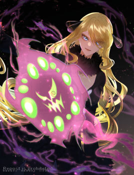 1girl bad_id bad_twitter_id black_background black_coat black_pants black_shirt blonde_hair breasts cleavage coat cowboy_shot cynthia_(pokemon) eyes_visible_through_hair gen_4_pokemon ghost grey_eyes hair_over_one_eye highres long_hair medium_breasts nintendo pants pokemon pokemon_(creature) pokemon_dppt sakaralalala shirt simple_background spiritomb very_long_hair watermark