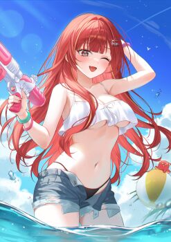 1girl absurdres akane_lize ball beachball bikini bikini_bottom_only bird black_bikini blonde_hair bow bowtie bracelet breasts bubble cleavage cloud collarbone cowboy_shot creature crop_top denim denim_shorts grey_eyes gumagom2 hair_ornament hairclip hashtag-only_commentary highres holding holding_water_gun jewelry large_breasts long_hair mole mole_under_eye multicolored_hair navel one_eye_closed open_fly outdoors pienna_(akane_lize) red_hair seagull short_shorts shorts sideboob sky stellive streaked_hair swimsuit underboob virtual_youtuber wading water water_gun white_bow white_bowtie