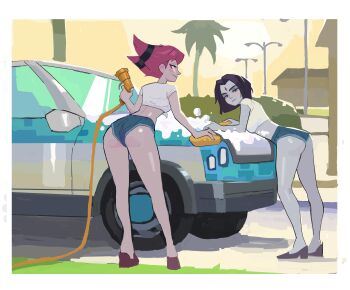 2girls absurdres amugea ass blush car cleaning colored_skin crop_top day dc_comics denim denim_shorts grey_skin highres holding holding_hose holding_sponge hose jinx_(dc) motor_vehicle multiple_girls outdoors pink_eyes pink_hair raven_(dc) short_shorts shorts side-view_mirror smile soap soap_bubbles sponge teen_titans washing washing_vehicle windshield yellow_sponge