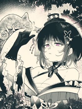 1girl absurdres artist_request bare_shoulders branch breasts butterfly_hair_ornament chameleon chinese_commentary choker cleavage commentary_request commission gloves hair_ornament hand_up hat highres housho_margo lolita_fashion long_sleeves mahou_shoujo_no_majo_saiban neck_ribbon parted_bangs parted_lips purple_eyes ribbon second-party_source short_hair solo spot_color top_hat upper_body