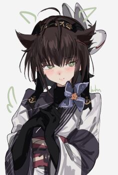 1girl anchor_symbol aogisa black_bodysuit black_hair black_headband blush bodysuit closed_mouth clothes_writing commentary_request drawn_wings fox_mask green_eyes grey_background hachimaki hair_between_eyes hair_flaps hatsuzuki_(kancolle) headband highres holding holding_pinwheel japanese_clothes kantai_collection kimono mask mask_on_head obi pinwheel sash solo upper_body wide_sleeves