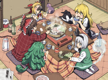 5girls black_skirt black_vest blonde_hair bow braid brown_hair chopsticks cup drinking eating food gourd green_hair green_vest hair_bow hakurei_reimu hat horns hotpot ibuki_suika indoors inuno_rakugaki kirisame_marisa komano_aunn konpaku_youmu konpaku_youmu_(ghost) kotatsu long_hair multiple_girls nabe red_bow sakazuki seiza shirt short_hair side_braid sitting skirt table tail touhou vest white_hair white_shirt witch_hat