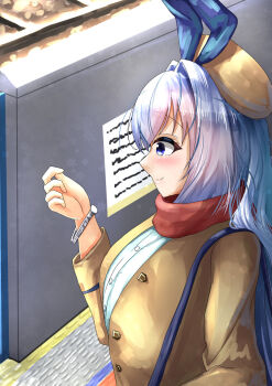 1girl alternate_costume animal_ears azur_lane beret blue_eyes blue_hair buttons coat fake_animal_ears fake_bunny_ears hair_intakes hat highres jelilianamiku jewelry long_hair looking_at_hand looking_at_watch new_jersey_(azur_lane) note railway railway_station scarf shirt train_station wall
