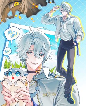 1boy alternate_costume black_pants black_shoes blue_eyes chimera_(honkai:_star_rail) closed_mouth commentary creature full_body grass grey_jacket grin highres holding holding_creature honkai:_star_rail honkai_(series) jacket kiru_d_raw looking_at_viewer male_focus multiple_views open_clothes open_jacket open_mouth pants phainon_(honkai:_star_rail) photo_(object) shirt shoes smile symbol-only_commentary teeth upper_teeth_only white_shirt yellow_eyes yellow_pupils