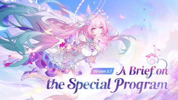 1girl aqua_hair bare_shoulders blue_sky breasts cyrene_(honkai:_star_rail) cyrene_(ripples_of_past_reverie)_(honkai:_star_rail) diamond-shaped_pupils diamond_(shape) english_text flower gradient_hair hair_flower hair_ornament halo highres honkai:_star_rail honkai_(series) long_hair looking_at_viewer medium_breasts multicolored_hair official_art pink_hair purple_eyes sky smile solo streaked_hair symbol-shaped_pupils thighs very_long_hair white_hair
