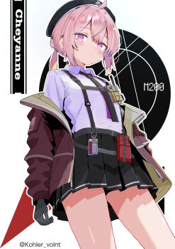 1girl ahoge beret black_gloves black_hat black_necktie black_skirt breasts brown_jacket character_name chest_strap cheyanne_(girls'_frontline_2) closed_mouth collared_shirt commentary double-parted_bangs girls'_frontline girls'_frontline_2:_exilium gloves grey_hair hair_between_eyes hat highres id_card jacket jacket_partially_removed long_hair looking_at_viewer looking_down low_ponytail m200_(girls'_frontline) necktie pleated_skirt ponytail purple_eyes shirt sidelocks skirt small_breasts solo striped_clothes striped_skirt tesura_(teslamk2) thighs twitter_username two-tone_necktie walkie-talkie weapon_name white_background white_shirt