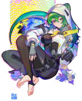 Rule 34 | 1girl, absurdres, arknights, arknights: endfield, black pantyhose, breasts, chinese commentary, commentary request, fingerless gloves, flower, fluorite (arknights), full body, gloves, green eyes, green hair, highres, hood, hood up, jian jia, large breasts, long hair, long sleeves, no shoes, pantyhose, puffy long sleeves, puffy sleeves, purple flower, solo, stirrup legwear, tail, toeless legwear, yellow flower