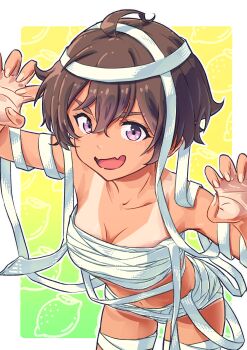1girl absurdres ahoge bandages border breasts brown_hair claw_pose cleavage collarbone commentary_request eyelashes fang fingernails food fruit hair_between_eyes highres imzen lemon make_heroine_ga_oo_sugiru! mummy_costume open_mouth outline purple_eyes short_hair skin_fang smile solo tan tanline white_border white_outline yakishio_lemon