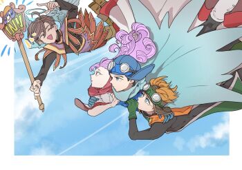 1girl 3boys angel_wings black_bodysuit blue_cape blue_eyes blue_gloves blue_hat blue_sky bodysuit boots border brown_boots brown_hair cape carrying carrying_person cloud cloudy_sky commentary_request curly_hair dragon_quest dragon_quest_ii dragon_quest_ix feathered_wings feet_out_of_frame flying gloves goggles goggles_on_headwear green_gloves halo hat hero_(dq9) highres holding holding_sign in-franchise_crossover long_hair looking_at_another multiple_boys notice_lines open_mouth orange_cape orange_hair oshibainoticket outdoors outside_border parted_lips prince_of_lorasia prince_of_samantoria princess_of_moonbrook purple_hair red_eyes rikka_(dq9) robe short_hair sign sky tears white_border white_robe wings
