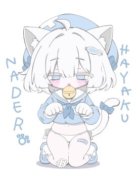 1girl :o ahoge animal_ear_fluff animal_ears bandaid bandaid_on_leg bell bikini bikini_bottom_only blue_bow blue_eyes blue_hat blue_neckerchief blue_shirt blue_shoes blush_stickers bow cat_ears cat_girl cat_tail colored_eyelashes commentary_request fang fish_hair_ornament full_body gauze_on_knee gloves hair_ornament hands_up hat highres izumi_(yura_izumi) kneeling loli long_sleeves midriff navel neck_bell neckerchief no_pupils open_mouth original sailor_collar sailor_shirt shirt shoes short_hair side-tie_bikini_bottom simple_background socks solo straight-on swimsuit tail tail_bow tail_ornament white_background white_bikini white_gloves white_hair white_sailor_collar white_socks