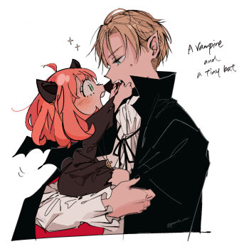 1boy 1girl absurdres adoptive_parent_and_adoptive_child ahoge anya_(spy_x_family) bat_wings black_cloak black_nails black_ribbon blance blonde_hair blue_eyes blush carrying child child_carry cloak commentary commentary_request cropped_torso cross cross_necklace cross_pendant english_commentary excited face-to-face fang father_and_daughter finger_in_another's_mouth from_side green_eyes halloween highres jewelry latin_cross long_sleeves looking_at_another medium_hair motion_lines nail_polish neck_ribbon necklace open_mouth peanuts_omr pink_hair pointy_ears profile ribbon shirt short_hair simple_background smile sparkle spy_x_family sweatdrop twilight_(spy_x_family) twitter_username vampire_costume very_short_hair white_background white_shirt wings