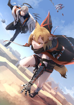 1boy 1girl absurdres angel_boy animal_ear_fluff animal_ears arknights arrow_(projectile) bandaged_leg bandages black_cape black_gloves black_pants black_shoes black_shorts blonde_hair blue_eyes blue_sky bow_(weapon) cape cloak commentary_request crossbow day desert detached_wings drone dutch_angle e-bushi ear_piercing energy_wings executor_(arknights) fox_ears fox_girl fox_tail gloves grey_hair hair_ornament hairclip halo highres holding holding_bow_(weapon) holding_weapon material_growth mechanical_arms mechanical_wings notched_ear open-toe_shoes orange_eyes oripathy_lesion_(arknights) outdoors pants piercing prosthesis prosthetic_arm quiver running shirt shoes short_hair short_shorts shorts single_mechanical_arm sky tail vermeil_(arknights) weapon wings