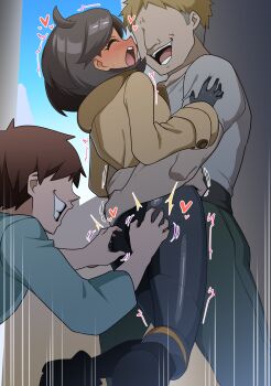 1girl 2boys :d absurdres aged_up ass bearhug black_bodysuit black_gloves black_hair black_shoes blonde_hair blue_shirt blue_sky blush bodysuit bodysuit_under_clothes brown_hair brown_jacket closed_eyes commentary_request cowlick dark-skinned_female dark_skin day emma_(pokemon) emphasis_lines faceless faceless_male gloves grey_pants grin hair_between_eyes heart highres jacket latex latex_bodysuit long_sleeves multiple_boys nintendo nose_blush open_mouth outdoors pants pokemon pokemon_legends:_z-a shirt shoes short_hair short_sleeves sidelocks sideways_mouth skin_tight sky smile standing sweat swept_bangs teeth tickling tickling_ass ume_shiri_vvv upper_teeth_only white_shirt