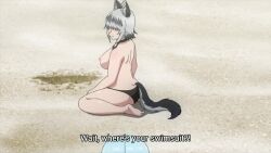 4girls animated ass beach bikini breasts buried cloud crab elf-san_wa_yaserarenai. hat highres honeda_(elf-san_wa_yaserarenai.) huge_breasts kraken_(elf-san_wa_yaserarenai.) mero_(elf-san_wa_yaserarenai.) multiple_girls navel nipples oku_(elf-san_wa_yaserarenai.) orc outdoors plump raika_(elf-san_wa_yaserarenai.) sand sharp_teeth skeleton sky small_breasts sound subtitled swimsuit tagme teeth tentacles upside-down video wardrobe_malfunction