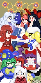 1boy 6+girls alice_margatroid black_hair blonde_hair blue_eyes bow brown_background character_request commentary_request genjii_(touhou) green_eyes green_hair hair_ornament hakurei_reimu hakurei_reimu_(pc-98) hat highres kirisame_marisa kirisame_marisa_(pc-98) kitashirakawa_chiyuri konngara_(touhou) mima_(touhou) multiple_girls neotte okazaki_yumemi pink_hair pixel_art purple_eyes purple_hair red_bow red_eyes red_hair sariel_(touhou) shingyoku_(female) shingyoku_(male) shingyoku_(touhou) shinki_(touhou) touhou touhou_(pc-98) white_hair yellow_eyes yuugenmagan
