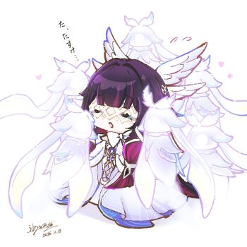 1girl black_hair bow closed_eyes columbina_(genshin_impact) commentary_request dated dress genshin_impact hair_ornament kaminaga_mutsumi kuuhenki_(genshin_impact) long_hair multicolored_hair open_mouth purple_hair signature simple_background solo translation_request very_long_hair white_background white_bow white_dress wing_hair_ornament