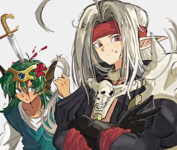 Rule 34 | 2boys, ahoge, anger vein, aqua tunic, armor, black gloves, black shirt, blood, blood on face, blue eyes, crossed arms, dragon quest, dragon quest iv, earrings, fins, forehead protector, gloves, grabbing another's hair, green hair, harness, head fins, headband, hero (dq4), highres, holding, holding another's hair, implied after fight, injury, jewelry, long hair, looking at another, looking at viewer, major injury underreaction, male focus, medium hair, multiple boys, object through head, open mouth, parted hair, pauldrons, pisaro, pointy ears, red eyes, red headband, shirt, shoulder armor, single earring, single pauldron, spiked pauldrons, spikes, sword in head, tunic, upper body, v, white background, white shirt, y hcei10