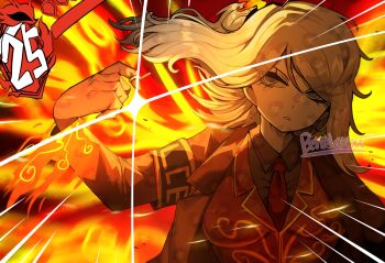 1girl adversarial_noise ardor_blossom_star_(e.g.o) beniyarou blue_eyes chainsaw_man commentary_request e.g.o_(project_moon) explosion faust_(project_moon) fire grenade_pin highres lce_(identity)_(project_moon) limbus_company looking_to_the_side medium_hair necktie orange_vest project_moon red_necktie scene_reference side_ponytail solo upper_body vest white_hair