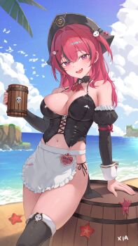 1girl :d absurdres apron ascot beach bikini bird black_corset black_thighhighs blue_sky breasts cloud commentary_request corset cup day fang goddess_of_victory:_nikke hair_ornament hat highres holding holding_cup large_breasts maid maid_apron maid_bikini mast_(nikke) mast_(romantic_maid)_(nikke) navel ocean open_mouth outdoors pirate_hat purple_eyes red_ascot red_hair skull_hair_ornament sky smile solo starfish stomach swimsuit thighhighs unconventional_maid wooden_cup xia_0328
