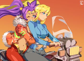 2girls 604yue absurdres artist_logo black_pants blonde_hair blue_eyes blue_shirt breasts closed_mouth commentary commission crossover english_commentary gradient_background high_ponytail highres hug hug_from_behind jacket large_breasts logo long_hair metroid motor_vehicle motorcycle multiple_girls nintendo on_motorcycle one_eye_closed open_clothes open_jacket orange_background orange_jacket pants parted_lips pointy_ears ponytail purple_hair red_background red_jacket red_tube_top riding samus_aran shantae shantae_(series) shirt simple_background smile strapless tube_top