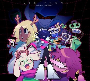 1other 3girls 6+boys antlers backwards_hat berdly_(dark_world)_(deltarune) berdly_(deltarune) blonde_hair blue_hair blue_lips blush_stickers bracelet cap&#039;n_(deltarune) closed_eyes colored_skin colored_teeth deer_girl deltarune floating_cape goat_boy green-framed_eyewear hair_over_eyes hat highres holding holding_sword holding_weapon horns jewelry k_k_(deltarune) kris_(dark_world)_(deltarune) kris_(deltarune) long_hair looking_ahead looking_at_viewer medium_hair multiple_boys multiple_girls noelle_holiday noelle_holiday_(dark_world) nt_26 obscured_eyes one_eye_closed pink_scarf pointing pointing_at_viewer purple_hair purple_skin queen_(deltarune) ralsei robot round_eyewear scarf sharp_teeth spamton_g._spamton spiked_bracelet spikes sunglasses susie_(dark_world)_(deltarune) susie_(deltarune) sweet_(deltarune) sword teeth utdr_(toby_fox) weapon yellow_teeth
