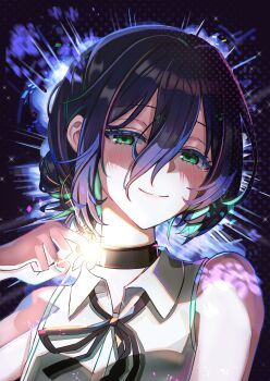 1girl absurdres black_choker black_ribbon chainsaw_man choker closed_mouth collared_shirt eum751 green_eyes hair_between_eyes hair_bun highres imminent_explosion looking_at_viewer neck_ribbon purple_hair reze_(chainsaw_man) ribbon shirt sleeveless sleeveless_shirt smile solo white_shirt