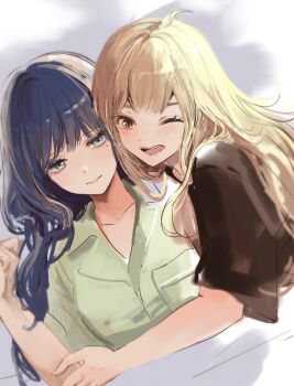 Rule 34 | 2girls, black shirt, blonde hair, blue hair, blush, cho kaguya-hime!, closed mouth, commentary, cuddling, green eyes, green shirt, highres, kaguya (cho kaguya-hime!), long hair, mole, mole under eye, multiple girls, one eye closed, open mouth, pink eyes, ringosan2329, sakayori iroha, shirt, smile, under covers, untranslatable commentary, yuri
