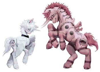 2boys absurdres animal_ears broken_wing cutie_mark extra_eyes extra_legs extra_mouth eyelashes full_body gojou_satoru grin highres horns horse horse_ears iba_(kcokaine) jujutsu_kaisen mane multiple_boys multiple_horns my_little_pony my_little_pony:_friendship_is_magic plug_(piercing) ryoumen_sukuna_(jujutsu_kaisen) ryoumen_sukuna_(true_form)_(jujutsu_kaisen) shoulder_tattoo simple_background smile tattoo unicorn white_background winged_unicorn