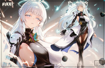 1girl absurdres black_kimono black_pantyhose breasts bright_pupils closed_mouth colored_eyelashes commentary elias2art goddess_of_victory:_nikke halo highres huge_breasts japanese_clothes kimono long_hair looking_at_viewer mechanical_arms mechanical_hands mole mole_on_breast multiple_views nayuta_(nikke) pantyhose sideboob signature single_mechanical_arm single_mechanical_hand solo twitter_username two-tone_kimono upper_body white_eyelashes white_eyes white_hair white_kimono white_pupils