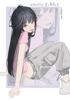 1girl alternate_costume alternate_hairstyle black_hair blunt_bangs border breasts character_name cropped_shirt feet_out_of_frame grey_pants hair_ornament hairclip head_tilt highres long_hair looking_at_viewer looking_to_the_side midriff nijisanji open_mouth outside_border pants pink_shirt purple_eyes shirt shoes short_sleeves sidelocks signature sitting sketch small_breasts sneakers solo straight_hair sweatpants t-shirt tsukino_mito twitter_username uchuneko_m virtual_youtuber white_border white_shoes zoom_layer