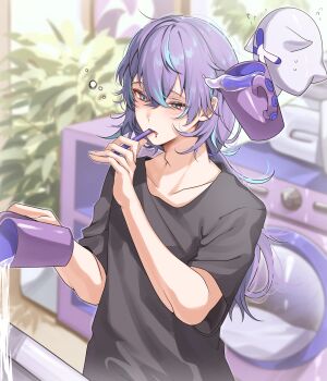1boy absurdres black_shirt brushing_teeth commentary_request cup highres holding holding_cup hoshirube_sho long_hair looking_to_the_side male_focus nijisanji plant shirt sleepy solo toothbrush virtual_youtuber washing_machine water yuka_(hinban_725)