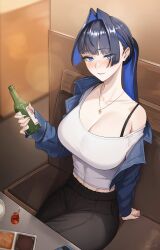 Rule 34 | 1girl, absurdres, adapted costume, beer bottle, black hair, blue eyes, blue hair, blunt bangs, booth seating, bottle, breasts, collarbone, colored inner hair, commentary, denim, denim jacket, hair intakes, highres, holding, holding bottle, hololive, hololive english, indoors, jacket, jewelry, large breasts, long hair, looking at viewer, multicolored hair, necklace, off shoulder, official alternate costume, ouro kronii, ouro kronii (casual), parted lips, ponytail, shirt, sitting, smile, solo, symbol-only commentary, virtual youtuber, white shirt, zenya