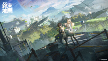 2girls animal_ears arknights arknights:_endfield bird_ears bird_girl black_coat black_pantyhose black_shoes blindfold_mask brown_gloves brown_hair building coat commentary_request copyright_logo copyright_name copyright_notice day dress endministrator_(arknights) female_endministrator_(arknights) gloves highres jacket logo looking_at_viewer mask multiple_girls official_art open_clothes open_coat open_jacket outdoors pantyhose perlica_(arknights) shoes standing white_dress white_jacket wisda