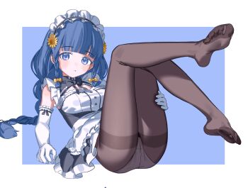 Rule 34 | 1girl, absurdres, alternate costume, apron, black bow, black dress, black pantyhose, black ribbon, blue background, blue eyes, blue hair, bow, bowtie, braid, breasts, dress, elbow gloves, enmaided, feet, flower, frilled apron, frilled gloves, frills, full body, gloves, hair bow, hair flower, hair ornament, hair ribbon, hashtag-only commentary, highres, holding own leg, legs up, long hair, looking at viewer, low twin braids, maid, maid headdress, medium breasts, nanoha (stella sora), nanoha (when distant winds rise) (stella sora), official alternate costume, outside border, panties, panties under pantyhose, pantyhose, pantyshot, parted lips, reclining, ribbon, ryuuforkaf, sleeveless, sleeveless dress, soles, solo, stella sora, sunflower, sunflower hair ornament, thighband pantyhose, toes, twin braids, two-tone dress, underwear, waist apron, white background, white dress, white gloves, yellow bow