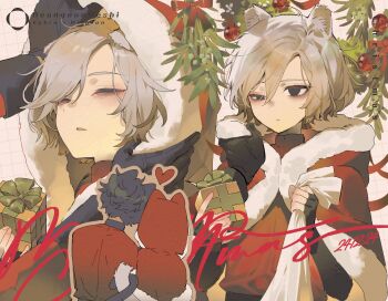 2boys animal_ears bags_under_eyes black_eyes black_hair capelet cat_boy cat_ears cat_tail closed_eyes curly_hair dark-skinned_male dark_skin dungeon_meshi fingerless_gloves fur-trimmed_capelet fur_trim gift gloves grey_hair heart highres holding holding_gift holding_sack intertwined_tails kabru kemonomimi_mode lazy_eye male_focus maratang merry_christmas mithrun multiple_boys multiple_views notched_ear red_capelet sack santa_costume shirt short_hair tail uneven_eyes yaoi