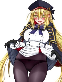 Rule 34 | 1girl, @ @, artoria caster (fate), artoria caster (second ascension) (fate), artoria pendragon (fate), black panties, blonde hair, blue hat, blush, breasts, cape, clothes lift, commentary request, fate/grand order, fate (series), hat, highres, large breasts, long hair, looking at viewer, mcpc zamurai, open mouth, panties, partial commentary, shirt, skirt, skirt lift, solo, twintails, underwear, white shirt