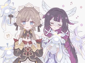 Rule 34 | !, !?, 2girls, ?, black bow, black collar, black dress, black hair, black sleeves, blue eyes, blush, bonnet, bow, brown hair, chestnut mouth, closed eyes, closed mouth, collar, colored inner hair, columbina (genshin impact), commentary, detached collar, detached sleeves, dress, eye mask, flower symbol, gem, genshin impact, gloves, hair ornament, hammer, highres, holding, holding screwdriver, holding wrench, kuuhenki (genshin impact), long hair, luonnotar (genshin impact), mask, multicolored hair, multiple girls, musical note, open mouth, purple hair, purple streaks, red gem, sandrone (genshin impact), screwdriver, see-through clothes, see-through mask, short hair with long locks, simple background, smile, strapless, strapless dress, sweatdrop, twitter username, two-tone hair, upper body, very long hair, white background, white bow, white dress, white gloves, white headdress, wing hair ornament, wrench, x-shaped eyewear, yapc03, yellow bow