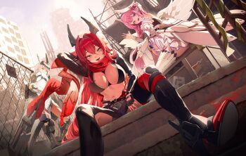 3girls absurdres angel_wings arm_up bare_shoulders blonde_hair breasts building chain-link_fence cleavage cloak clothing_cutout commentary construction_site cropped_jacket day dorothy_(nikke) dress dutch_angle fence fingerless_gloves from_below glove_cutout gloves goddess_of_victory:_nikke hair_between_eyes hair_intakes hair_ornament hallo_(rltkdydrltk) head-mounted_display high_heels highres horns jacket large_breasts leather leather_jacket leather_pants leg_cutout long_hair looking_at_viewer mechanical_arms mechanical_horns multiple_girls navel open_mouth outdoors pants pink_hair purple_eyes red_hair red_hood_(nikke) red_jacket red_scarf scarf sitting snow_white_(innocent_days)_(nikke) snow_white_(nikke) standing thighhighs unzipped very_long_hair visor_(armor) visor_lift waving white_cloak white_dress wings zipper