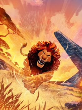 1boy animal_ears cloud commentary egal_art english_commentary falling_leaves fangs highres leaf lion lion_boy lion_ears lion_mane lion_tail looking_at_viewer male_focus motion_lines mufasa no_humans official_art open_mouth orange_sky running sky tail the_lion_king tree