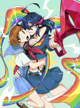 2girls black_hair blue_eyes blue_skirt brown_eyes brown_hair caranvolo fingerless_gloves flag gloves highres holding holding_sword holding_weapon kill_la_kill lgbt_pride living_clothes mankanshoku_mako matoi_ryuuko multicolored_hair multiple_girls navel open_mouth rainbow rainbow_flag red_hair school_uniform scissor_blade_(kill_la_kill) senketsu serafuku short_hair skirt streaked_hair suspenders sword thick_eyebrows two-tone_hair weapon