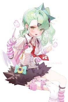 1girl arm_warmers bandaid bandaid_hair_ornament black_skirt blush breasts clenched_hand collar collarbone earrings feet_out_of_frame frilled_sleeves frills fur-trimmed_skirt fur_trim green_eyes green_hair hair_ornament hashtag-only_commentary heart heart_hair_ornament highres invisible_chair jewelry leg_warmers limu838 looking_at_viewer multiple_hair_clips multiple_thigh_straps musical_note_earrings necktie open_mouth pink_arm_warmers pink_bag pink_leg_warmers red_necktie shirt simple_background sitting skirt small_breasts solo striped_arm_warmers striped_leg_warmers sunna_(zenless_zone_zero) thigh_strap white_background white_shirt white_wings winged_bag wings zenless_zone_zero