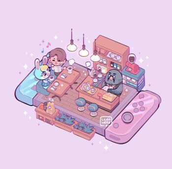 3boys :d ^_^ animal_crossing animal_ears artist_name bird black_bow black_bowtie blue_jacket blush book bookshelf bow bowtie brewster_(animal_crossing) brown_hair cash_register chair closed_eyes coffee coffee_maker coffee_pot commentary corded_phone counter cup english_commentary facial_hair furry furry_male glasses handheld_game_console hanging_light holding holding_cup holding_towel jacket jar leaphere letterman_jacket long_sleeves looking_at_another mug multiple_boys musical_note mustache napkin nintendo nintendo_switch open_mouth phone pigeon plant potted_plant purple_background rabbit rabbit_ears round_eyewear sasha_(animal_crossing) saucer scenery shelf shirt short_hair simple_background sitting smile sparkle spoon standing star_(symbol) steam stool table towel villager_(animal_crossing) white_shirt wooden_floor