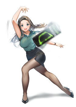 1girl :d anime_girl_throwing_things_(meme) aqua_shirt arm_up black_footwear black_pantyhose black_skirt blouse blue_eyes blurry blush bowling brand_name_imitation breasts brown_hair commentary depth_of_field doushimasho earrings energy_drink forehead full_body green_shirt high_heels jewelry lanyard long_hair looking_at_viewer medium_breasts meme miniskirt mole mole_under_eye monster_energy motion_blur motion_lines nail_polish necklace open_mouth original pantyhose parted_bangs pumps red_nails ribbed_shirt shirt shirt_tucked_in short_sleeves side_slit simple_background skirt smile solo standing throwing white_background wristband
